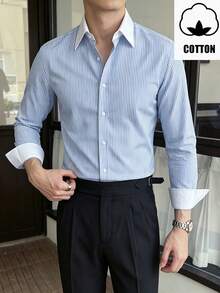 WAIT HIM Men's Business Style Premium Color-Block Striped Dress Shirt Made Of Traceable Cotton - Blue and White - View 11