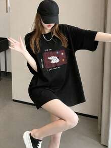 女款時尚夏季寬鬆圓領簡約字母線條小狗印花短袖T恤 黑色休閒 - 黑色 - 查看 2
