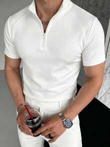 Men's Summer Fashion Raglan Sleeve Zipper Collar Short Sleeve T-Shirt, Suitable For Sports, Fitness And Daily Wear - White - View 6