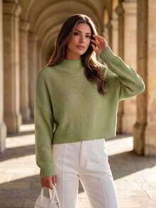 Women's Cute Short Sweater, Casual Lightweight & Comfortable Ribbed Knit Pullover - Olive Green - View 4