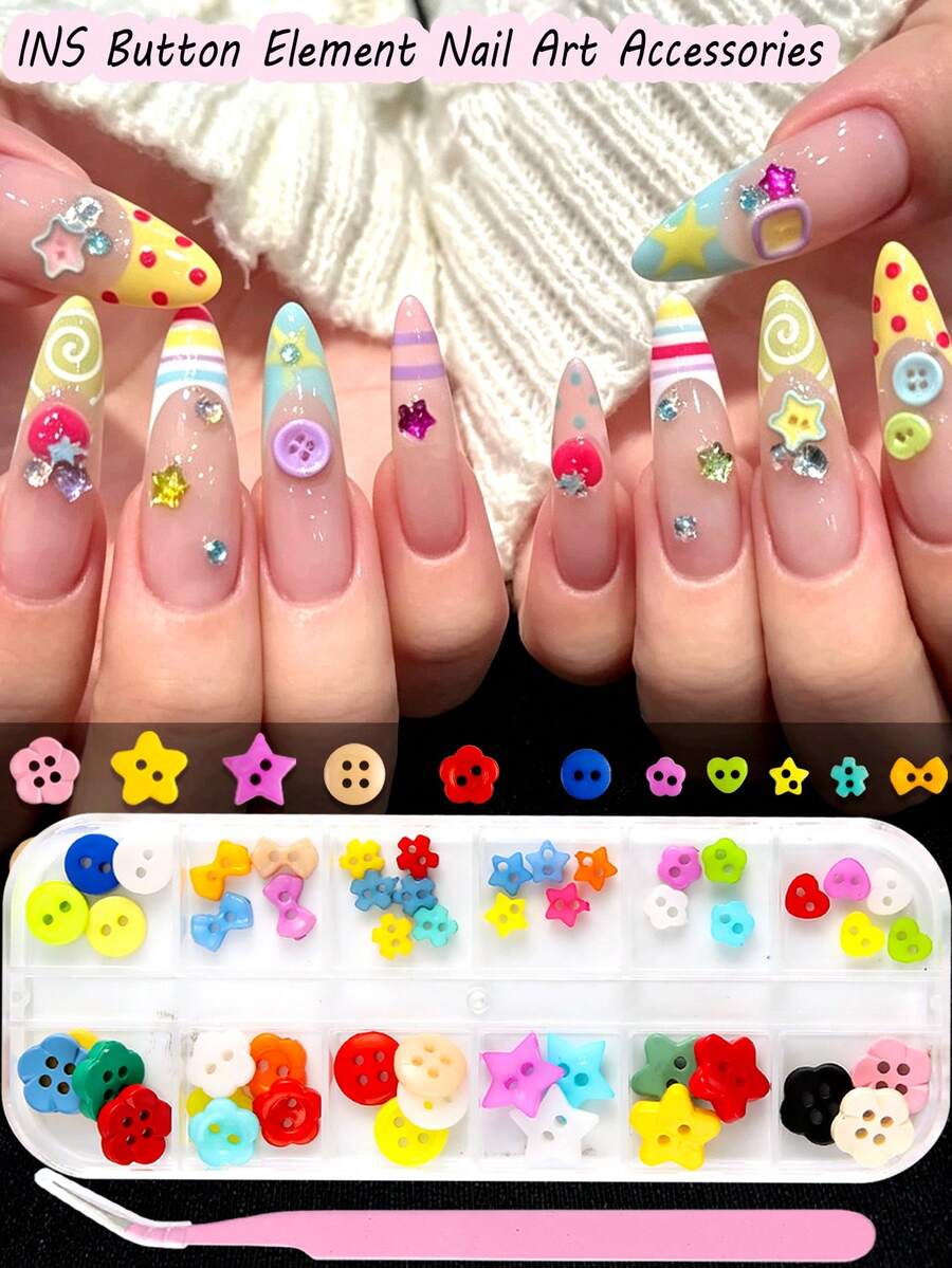 1 Kotak Hiasan Kuku Kancing Warna-warni Y2K, Kancing Campuran, Bintang, Bunga, Dekorasi Kuku Lucu, Aksesoris Manikur Dopamin, Seni Kuku DIY untuk Kuku Gel, Kuku Tempel, Penggunaan Salon Rumahan - MultiWarna - View 1