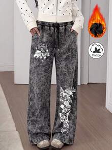 Women's "California Butterfly Rose" Print Washed Thermal Lined Distressed Drawstring Pants, Street Style, High Turn-Back Rate, Suitable For Autumn And Winter - Black - View 1