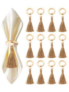 1-24pcs Wooden Tassel Napkin Rings, Bohemian Rustic Style Napkin Holders, Daily Table Decor, Suitable For Christmas Holidays, Thanksgiving Feast, New Year Celebration, Wedding Reception, Dinner Party Table Setting, Holiday Home Kitchen Decoration - Multicolor - View 10