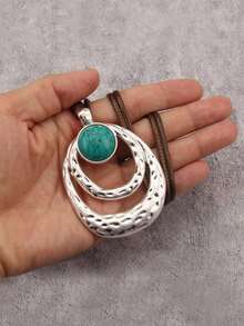 1pc Bohemian Western Cowboy Style Double Layer Asymmetrical Oval Ring Pendant Necklace With Faux Turquoise Inlay, Halloween Party Gathering Daily Accessory, Unisex Couple Necklace - Wax Rope - View 2