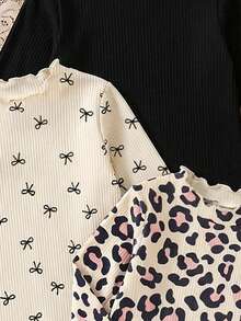 3pcs/Set Baby Girl Fashion Autumn Leopard Print Bow Long Sleeve T-Shirt, Children Simple Basic Elastic Ruffle Collar Spring Top - Multicolor - View 5