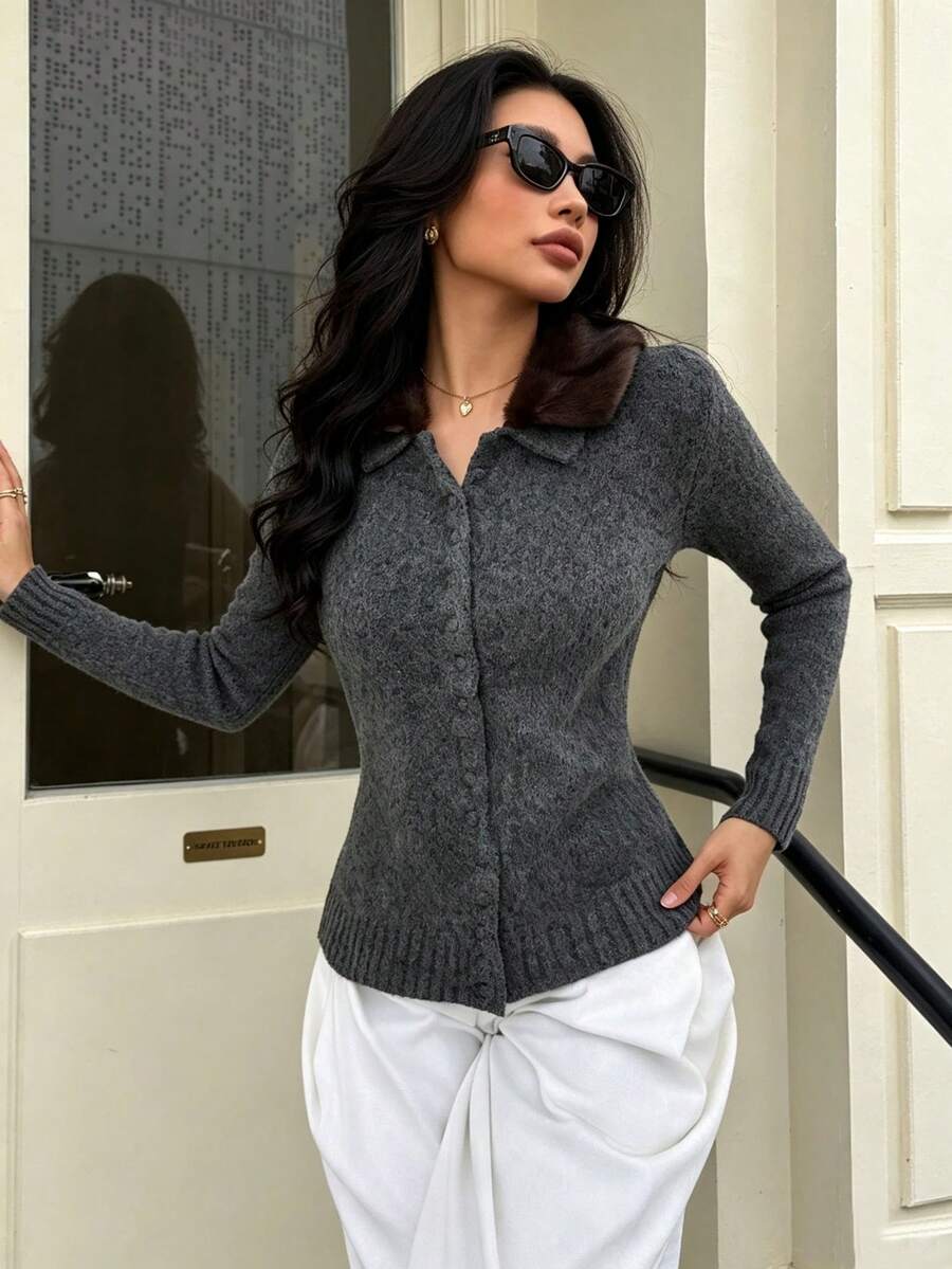 DEEKA Autumn/Winter New Women's Clothing European & American Style Faux Fur Collar Knitted Sweater Jacket - Dark Grey - View 1