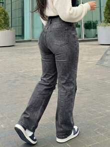 Women's Vintage Loose Button Distressed Pocket Denim Jeans - Dark Grey - View 5