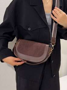 Contrast Trim Wide Webbing Strap Decor Patchwork PU Wear-Resistant Magnetic Closure Saddle Bag, Maillard Vintage Style Crossbody Shoulder Bag For Women, Minimalist Textured Commuter Bag - Coffee - View 5