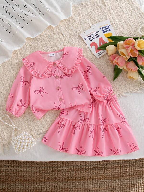 Autumn/Winter Baby Girl Cute Sweet Cool Peach Pink Bow Set && Peter Pan Collar Long Sleeve Blouse & Ruffle Skirt Baby Girl Stylish Outfit