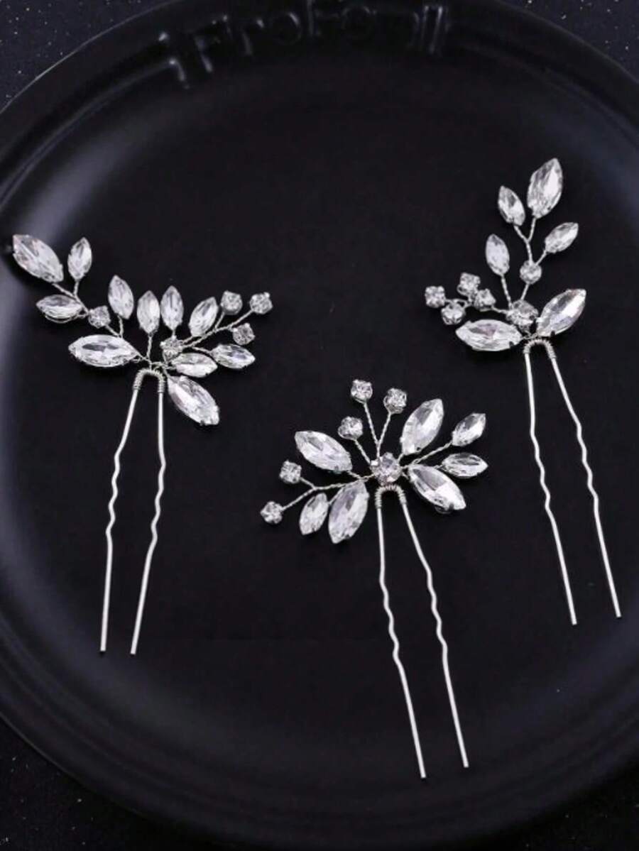 1pc Crystal Hair Pins, Asymmetrical Bridal Hair Accessories, Wedding Dress Decorations - Silver - View 1