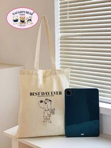 Fashionable Versatile Cat Print Canvas Tote Bag - Beige - View 4