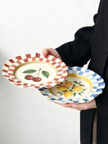 1pc French Wave Edge Fruit Ceramic Plate, Hand-Painted Plaid Plate, 8inch Plate, Steak And Pasta, Perfect For Bread, Cake, Dessert, Fruit, Salad, Mother's Day, Thanksgiving - Multicolor - View 6