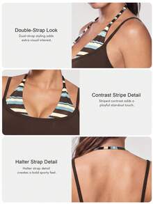 Sodalemon Women's 2 In 1 Striped Colorblock Yoga Sports Bra, Halter Neck Double Strap Padded Backless Gym Pilates Workout Top - Brown - View 3