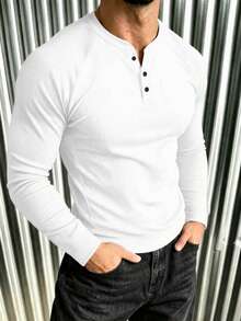 New Men's Casual Classic Ribbed Texture Raglan Sleeve Versatile Long Sleeve T-Shirt - White - View 2