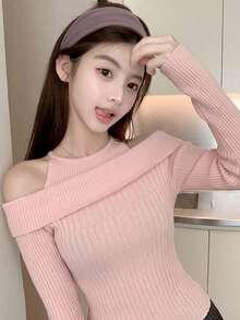 Pink 2 In 1 Fitted Knit Sweater, Sexy Off-Shoulder Design, Autumn/Winter Base Layer Top For Women - Pink - View 3