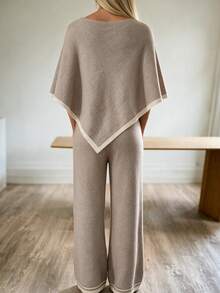Women's Autumn/Winter High Neck Long Cloak, Loose Fit Colorblock Sweater And Wide Leg Pants 2 Pieces Set - Light Khaki - View 6