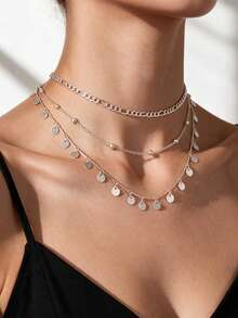 1 Buah Kalung Rantai 3 Lapis dengan Liontin Cakram Gantung Gaya Boho untuk Pemakaian Sehari-hari - Perak - View 1