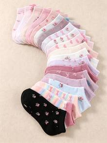 1/5/10/20 Pairs Random Cute Floral Bow Print Ankle Socks, Halloween Fall Clothes For Little Girls Sweet Pastel Color Daily Wear Socks For Girls - Multicolor - View 3