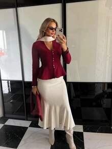 Sexy Knitted Top, Autumn And Winter Sweater, Long-Sleeved Ruffle Hem Knitted Cardigan, Burgundy, White, Black, For Daily Gala And Party - Burgundy - View 4