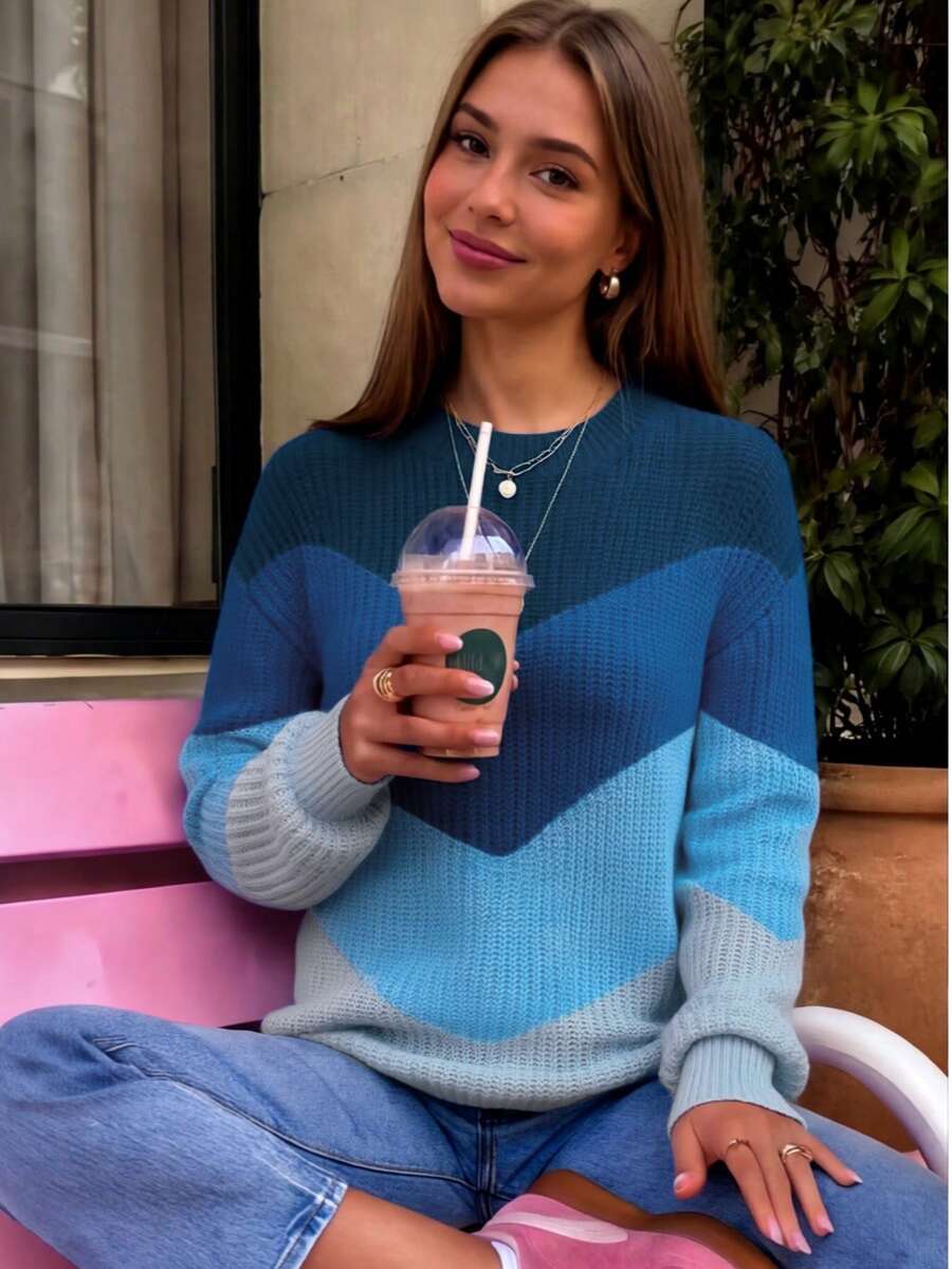 NZZOF Colorblock V-Shaped Pattern Crew Neck Drop Shoulder Sweater - Multicolor - View 1