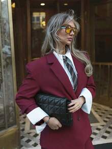 Women's Elegant Burgundy Suit Set With Lining, Collar And Blazer Sleeves, Contrast Trim, Non-Stretch Fabric, Professional Style - Ankara Red - View 11