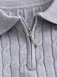 Boys' Gray Turn Collar Half-Zip Long Sleeve Knit Sweater With 3D Cable Knit Pattern, Minimalist Preppy Casual Versatile Pullover, Suitable For School Daily Wear In Spring, Autumn And Winter - Grey - View 5