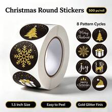 500pcs/Roll Black & Gold Christmas Graffiti Stickers 1.5 Inch Round 8 Patterns Baking Packaging Stickers Envelope Gift Seal Stickers Cup Stickers DIY Decoration Stickers Christmas Atmosphere Stickers PVC Self-Adhesive Label Roll Stickers - Multicolor - View 1