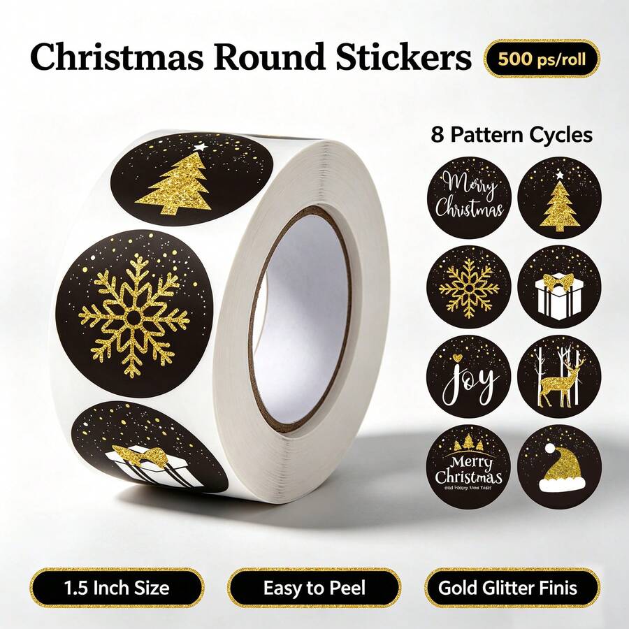 500pcs/Roll Black & Gold Christmas Graffiti Stickers 1.5 Inch Round 8 Patterns Baking Packaging Stickers Envelope Gift Seal Stickers Cup Stickers DIY Decoration Stickers Christmas Atmosphere Stickers PVC Self-Adhesive Label Roll Stickers - Multicolor - View 1