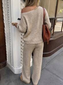 UNTUK KECANTIKAN Musim Gugur Musim Dingin Sweater Wanita Elegan Kasual Y2K Atasan Rajut Bergaris Bahu Terbuka Celana Kaki Lebar Setelan Sweater Dua Potong - Yan - View 6