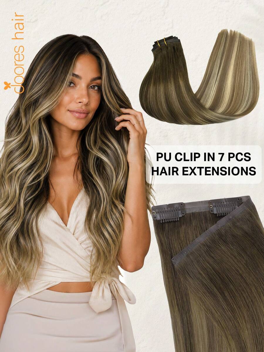 DOORES 14-24 Inch Seamless Clip-In Hair Extensions, 130g-160g 7pcs Real Human Hair Invisible PU Skin Weft, Walnut Brown To Grayish Brown And Bleached Blonde (B), Natural Remy Straight Hair - S3/8/613 - View 1