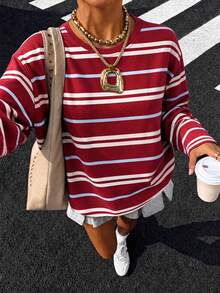 1pc Burgundy Blue Apricot Colorblock Striped Long Sleeve T-Shirt For Kids, Vintage Unisex Loose Fit All-Match Top, Spring Autumn - Red - View 1