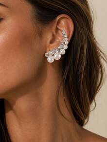FAAABULS 1 Pair Elegant Bridal Silver Pearl Marquise Rhinestone Ear Clips, Women's Wedding Wear - Silver - View 1