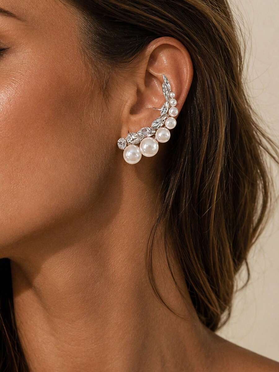 FAAABULS 1 Pair Elegant Bridal Silver Pearl Marquise Rhinestone Ear Clips, Women's Wedding Wear - Silver - View 1
