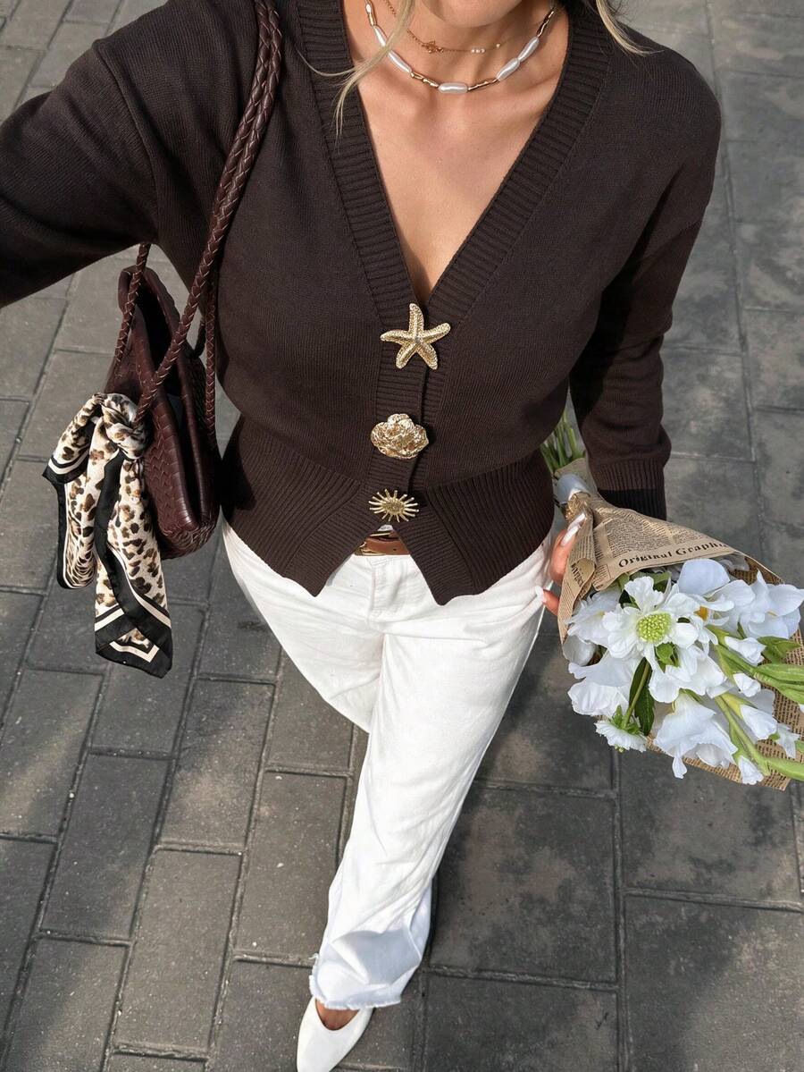 Sookaug Vintage Deep V-Neck Knitted Cardigan With Gold Starfish Buttons, Slim Fit Flattering Dark Brown Short Sweater Jacket, 2026 New Arrival - Brown - View 1