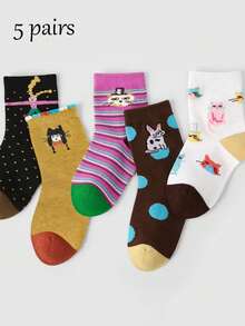 5 Pairs Vintage Cartoon Cat Girl Socks, Cute, Suitable For Spring, Autumn And Winter. Elastic Cuff Casual Children's Socks - Multicolor - View 6