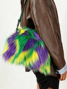 Women's Colorblock Faux Fur Crossbody Bag, Knotted Adjustable Shoulder Strap, Lightweight & Fashionable, Suitable For Party, Carnival, Winter Wear - Multicolor - View 4