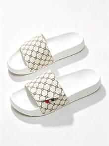 1 Pair Interlocking Plaid Pattern Sporty Slide Sandals, Outdoor Beach Slippers, Indoor Home Slippers, Suitable For Daily Wear, Soft Sole, Q-Bounce, Hook And Loop Adjustable - White - View 3