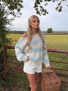 Women Blue White Striped Cold Shoulder Knit Pullover Ribbed Loose Long Sleeve Basic Sweater Autumn Back To School Outfit For Daily Commute Date Wear - Beige - View 1