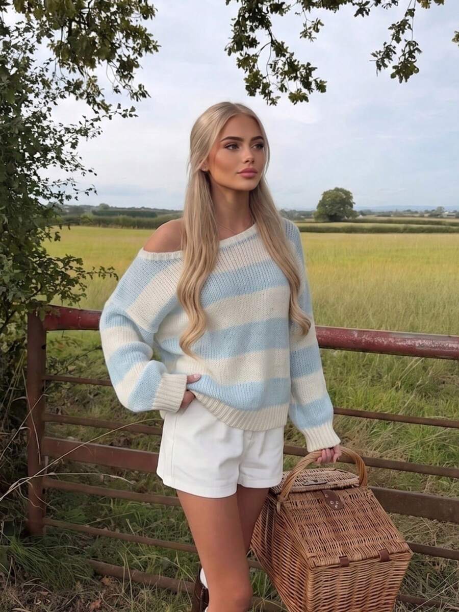 Women Blue White Striped Cold Shoulder Knit Pullover Ribbed Loose Long Sleeve Basic Sweater Autumn Back To School Outfit For Daily Commute Date Wear - Beige - View 1