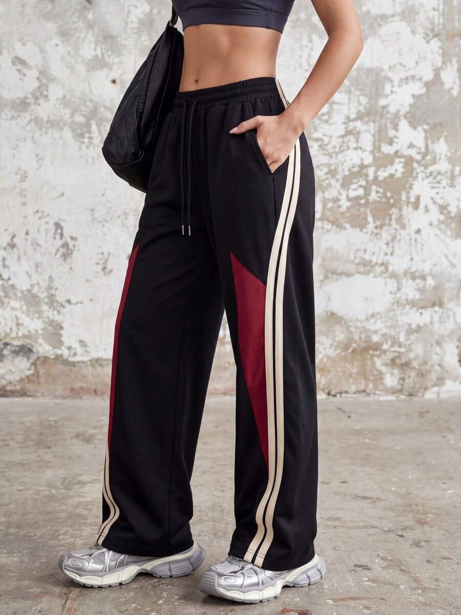 Knot & Curve Women's Long Pants, Autumn Vintage Colorblock Straight Leg Pants, Side Stripe Webbing Drawstring Waist Loose Drape Sporty Pants - Black - View 1