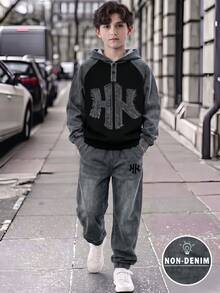 Boys' 2 Pieces Set Autumn/Winter Hooded Sweatshirt With Raw Edge Letter Patch And Half-Button Front, Matching Distressed Cuffed Sweatpants, American Retro Cool Style - Black - View 3