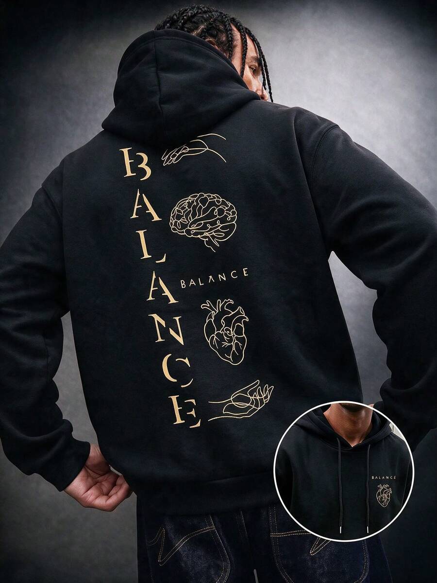 SU ER Men's Autumn/Winter Printed Loose Fleece Hooded Sweatshirt | Leading Fashion - Black - View 1
