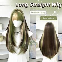 7JHH WIGS 26 Inch Green & Golden Highlight Wig With Bangs Long Layered Straight Hair Wigs For WomenNatural Looking Synthetic Heat Resistant Fiber Wig For Daily Wear, Hallowmas Party Cosplay Use - Multicolor - View 13