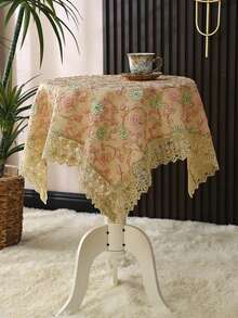 1pc Vintage Pink Floral Embroidered Lace Tablecloth, Gold Scalloped Lace Edge Transparent Mesh Table Cover, Elegant French Style Dining Tablecloth, Suitable For Dining Table, Wedding Banquet And Home Decor - Pink - View 9