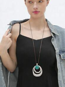 1pc Bohemian Western Cowboy Style Double Layer Asymmetrical Oval Ring Pendant Necklace With Faux Turquoise Inlay, Halloween Party Gathering Daily Accessory, Unisex Couple Necklace - Wax Rope - View 3