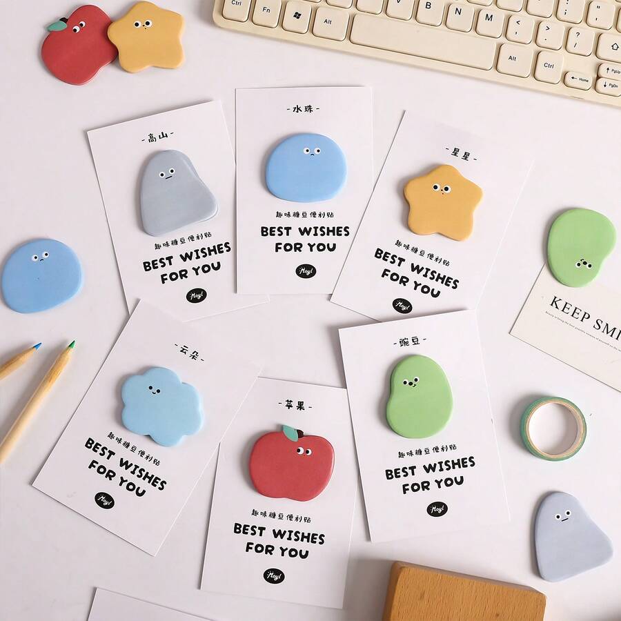 30 Sheets/Pack Fun Candy Bean Cartoon Face Sticky Notes, Cute Funny Shaped Colorful Memo Pads, Adorable Self-Stick Note Pads For Students Office Party Favor Stationery Supplies - 30 Sheets - View 1