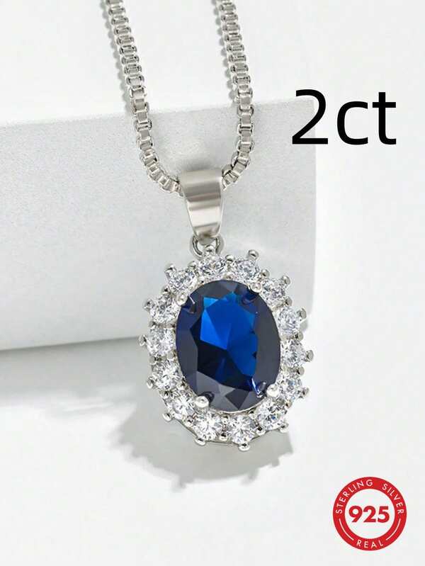 1pc 2ct Elegant Fashion Classic Royal Blue Sapphire Pendant, Main Stone 2ct, Rich Royal Blue Color, Suitable For Women's Engagement, Wedding, Best Friend Gift, Wedding Party And Vintage Party Or Daily Commute Holiday Banquet Wear, Due To Lighting And Angle, There May Be Slight Color Difference Between The Actual Product And The Image. S925 Sterling Silver Inlaid Hypoallergenic, Handmade Inlaid Craftsmanship, Fashionable And Elegant Style, Simple And Atmospheric, Essential For Workplace Banquet, Commute Style, Full Of High-End Feeling