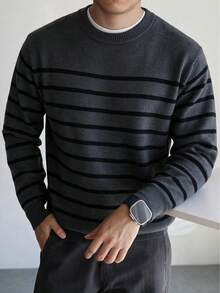 Men's Gray & Black Contrast Striped Crew Neck Textured Knit Sweater, Long Sleeve Pullover, Casual Commute Inner Layer Top, Autumn/Winter - Dark Grey - View 8