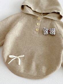 Baby Girl Gentle Earth Tone Knit 2 Pieces Set, Ribbed Raglan Hooded Half-Button Sweatshirt With Leopard Print Bow And Side White Tie Detail, Brown & Khaki Contrast Patchwork Flared Knit Pants With Bow Hem, Sweet Casual Separates Outfit - Khaki - View 5