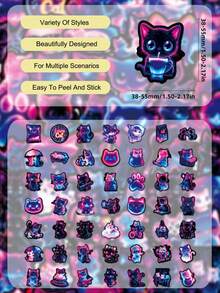 56Pcs PP Fluorescent Neon Cool Cute Cat Stickers, Cyberpunk Decor Elements Of Astronaut, Wizard And Party‑Themed Kittens, Suitable For Notebooks, Suitcases, Game Console Shells, Water Bottles, Storage Boxes, Desks - Multicolor - View 8